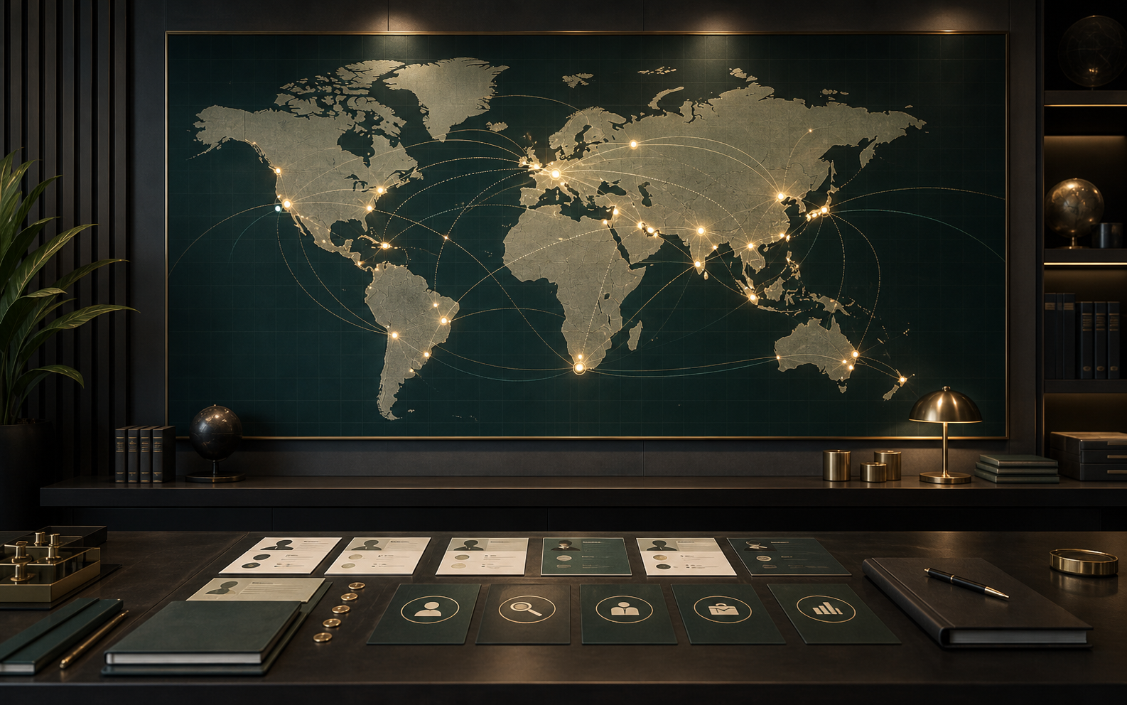 Global market map with hiring route markers and candidate profile cards